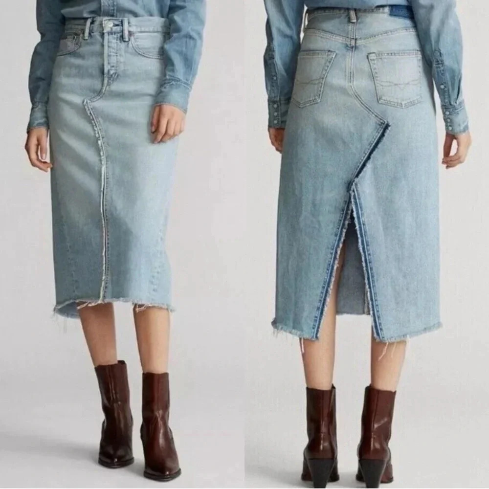 NWT Polo Ralph Lauren Midi Med Wash Cotton Distressed Denim Jean Skirt (25)